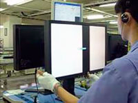 Each monitor is individually inspected by the human eye. Although automated testing by a machine is adequate for low grayscale tones, the human eye is still the best tool for judging whether midtones and hues are displayed properly. If the monitor has built-in speakers then the worker checks the audio with earphones and taps the frame with a padded stick to ensure it can withstand light shocks.